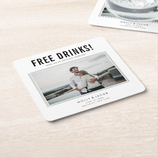 Funny Free Drinks Foto Hochzeit retten das Datum Rechteckiger Pappuntersetzer (angewinkelt)