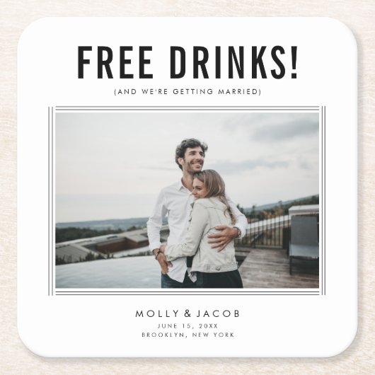 Funny Free Drinks Foto Hochzeit retten das Datum Rechteckiger Pappuntersetzer (Vorderseite)