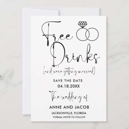Funny Free Drinks Foto Hochzeit retten das Datum Save The Date (Vorderseite)