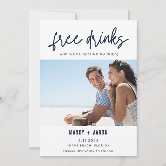 Funny Free Drinks Foto Hochzeit retten das Datum Save The Date (Vorderseite)