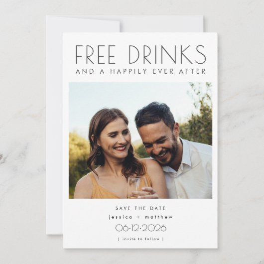 Funny Free Drinks Foto Hochzeit retten das Datum Save The Date (Vorderseite)