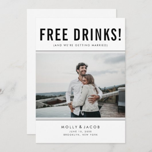 Funny Free Drinks Foto Hochzeit retten das Datum Save The Date (Vorne/Hinten)