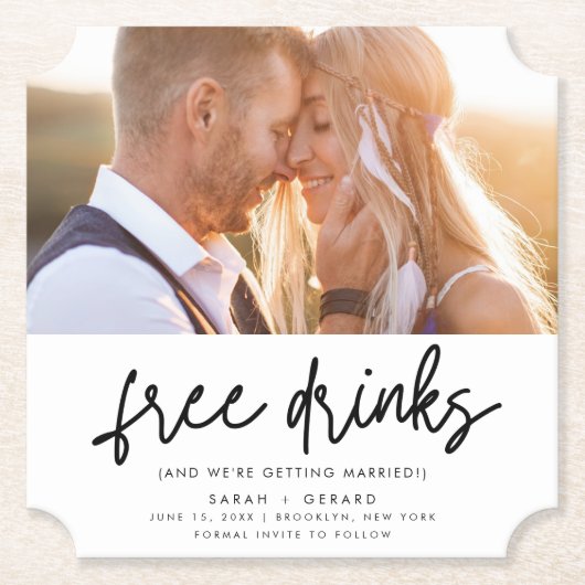 Funny Free Drinks Foto Hochzeit retten das Datum Untersetzer (Vorderseite)