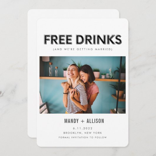 Funny Free Drinks Foto Lesbian Save the Date (Vorne/Hinten)