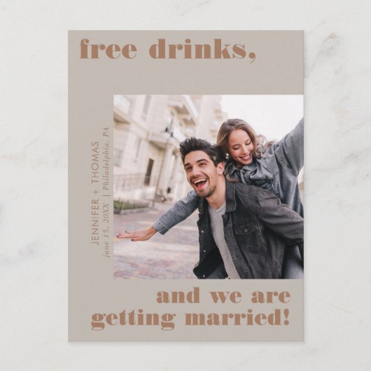 Funny Free Drinks Foto Save the Date Postkarte (Vorderseite)
