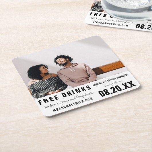Funny Free Drinks Foto Save the Date Rechteckiger Pappuntersetzer (angewinkelt)