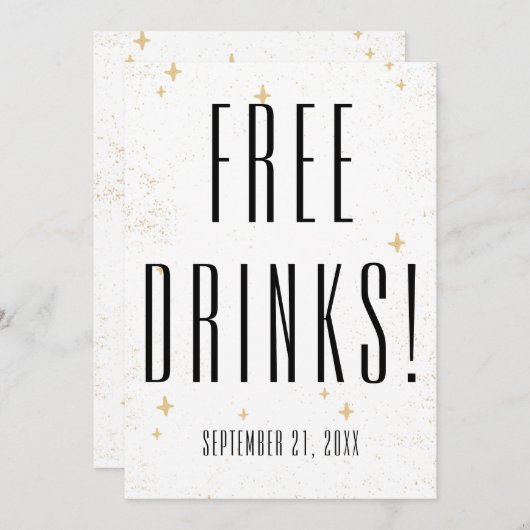 Funny Free Drinks Gold Sparkle Wedding Save The Date (Vorne/Hinten)
