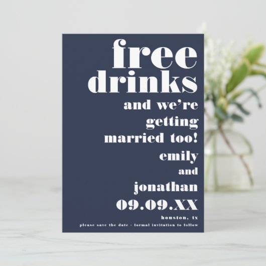 Funny Free Drinks Lässig Navy Weiß Save the Date (Stehend Vorderseite)