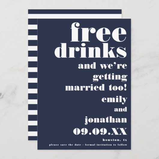 Funny Free Drinks Lässig Navy Weiß Save the Date (Vorne/Hinten)