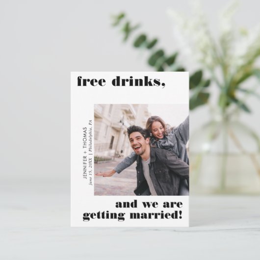 Funny Free Drinks Typografie Save the Date Black Postkarte (Stehend Vorderseite)
