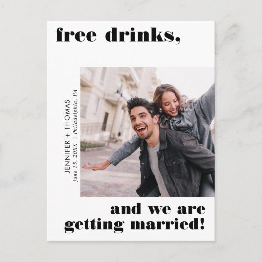 Funny Free Drinks Typografie Save the Date Black Postkarte (Vorderseite)