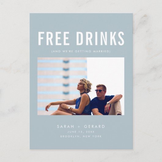 Funny Free Drinks Wedding Blue Save the Dates Ankündigungspostkarte (Vorderseite)