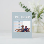 Funny Free Drinks Wedding Blue Save the Dates Ankündigungspostkarte (Stehend Vorderseite)