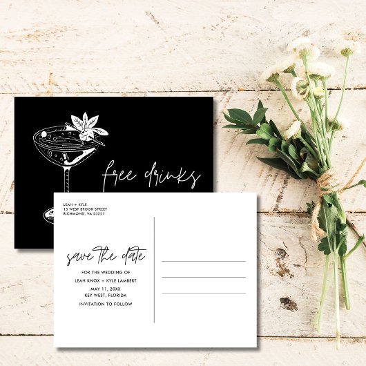 Funny Free Drinks Wedding retten das Datum Ankündigungspostkarte