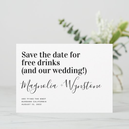 Funny Free Drinks Wedding retten das Datum Save The Date (Stehend Vorderseite)