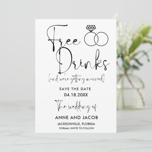 Funny Free Drinks Wedding retten das Datum Save The Date (Stehend Vorderseite)