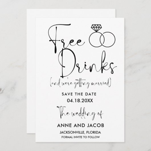 Funny Free Drinks Wedding retten das Datum Save The Date (Vorne/Hinten)