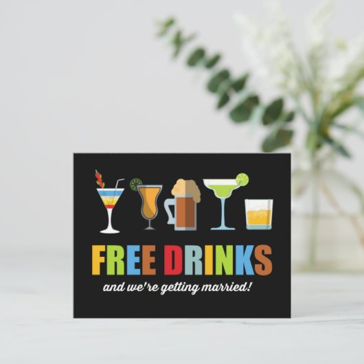 Funny Free Drinks Wedding retten die Termine Ankündigungspostkarte (Stehend Vorderseite)