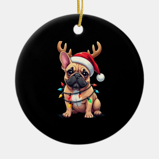 Funny French Bulldog Christmas Light Santa Hat Rei Keramik Ornament (Vorne)