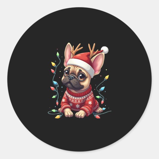 Funny French Bulldog Christmas Light Weihnachtsman Runder Aufkleber (Vorderseite)