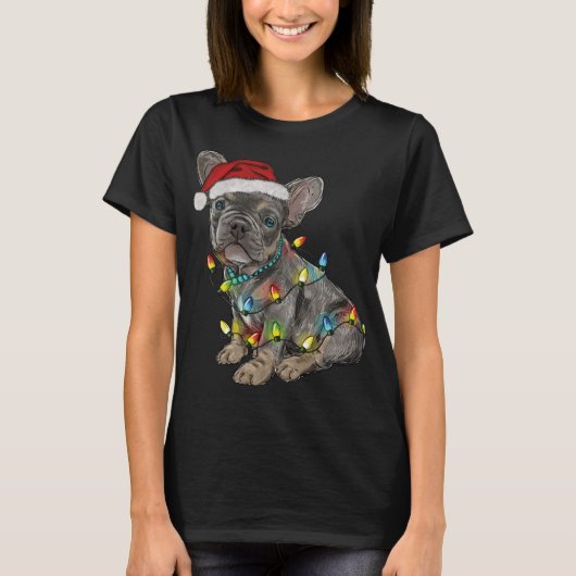 Funny French Bulldog Dog Tree Christmas Lights Xma T-Shirt (Vorderseite)