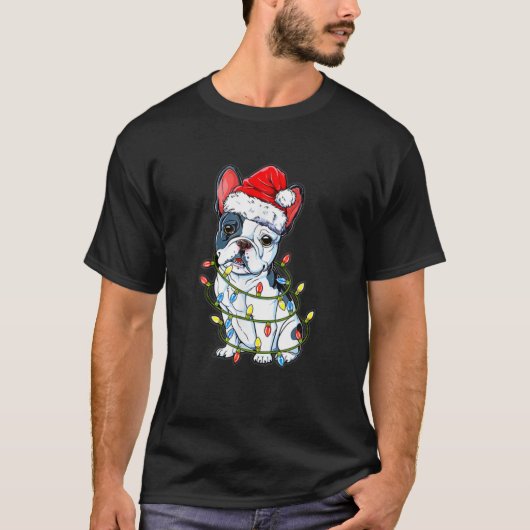 Funny French Bulldog Dog Tree Christmas Lights Xma T-Shirt (Vorderseite)