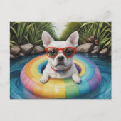 Funny French Bulldog Floating in einem Teich Postkarte (Vorderseite)
