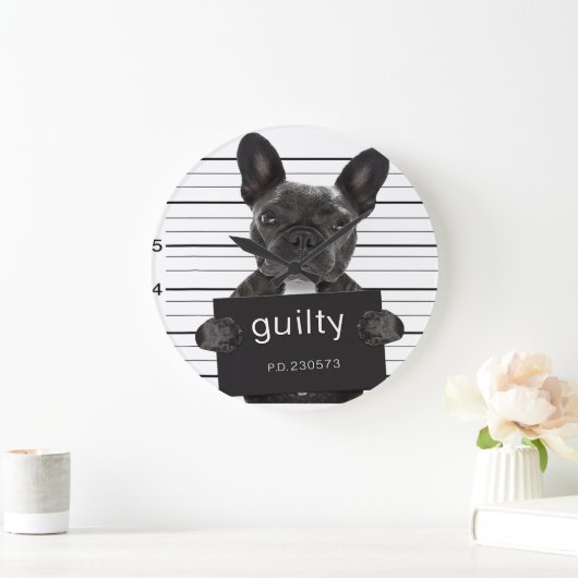 Funny French Bulldog Jail Mugshot Bad Dog Kriminel Große Wanduhr (Zuhause)
