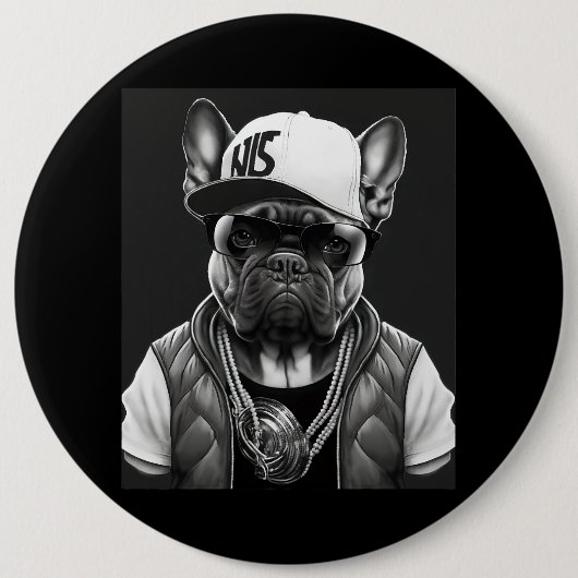 Funny French Bulldog Rapper Hip Hop Star Button (Vorderseite)
