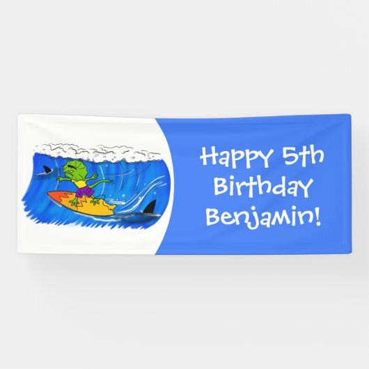 Funny frilled Halslizard Surfing Cartoon Banner (Horizontal)