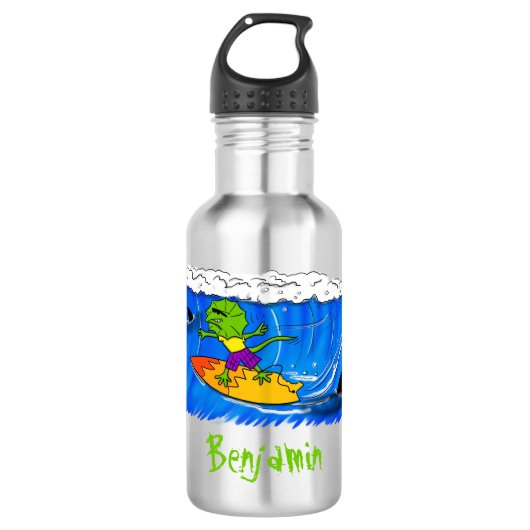 Funny frilled Halslizard Surfing Cartoon Edelstahlflasche (Vorderseite)