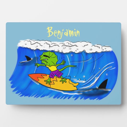 Funny frilled Halslizard Surfing Cartoon Fotoplatte (Vorderseite)