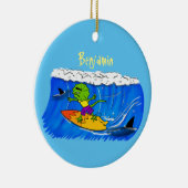 Funny frilled Halslizard Surfing Cartoon Keramik Ornament (Rechts)