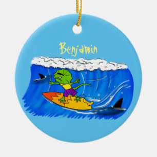Funny frilled Halslizard Surfing Cartoon Keramik Ornament