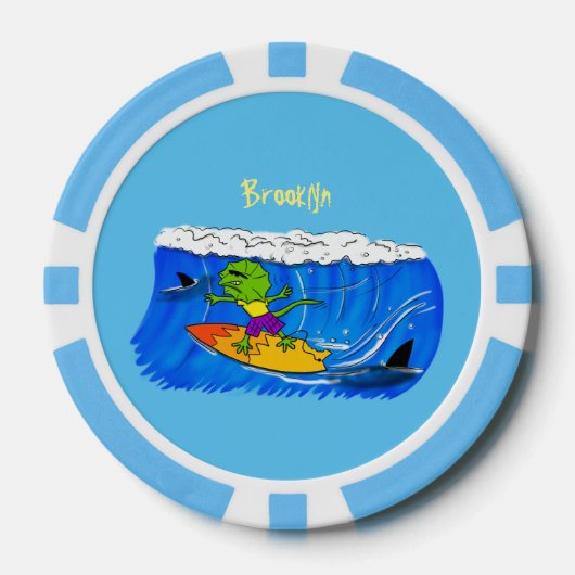 Funny frilled Halslizard Surfing Cartoon Pokerchips (Vorderseite)