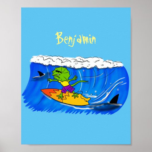 Funny frilled Halslizard Surfing Cartoon Poster (Vorne)