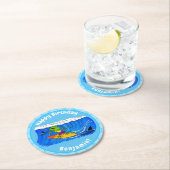 Funny frilled Halslizard Surfing Cartoon Runder Pappuntersetzer (Vor Ort)