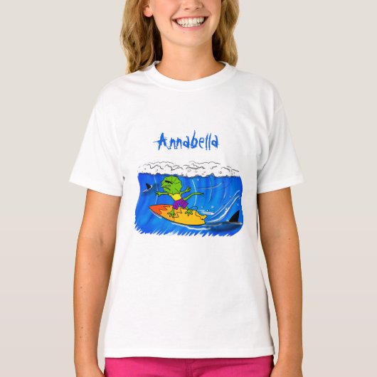 Funny frilled Halslizard Surfing Cartoon T-Shirt (Vorderseite)