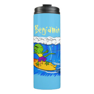 Funny frilled Halslizard Surfing Cartoon Thermosbecher