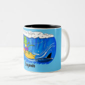 Funny frilled Halslizard Surfing Cartoon Zweifarbige Tasse (VorderseiteRechts)