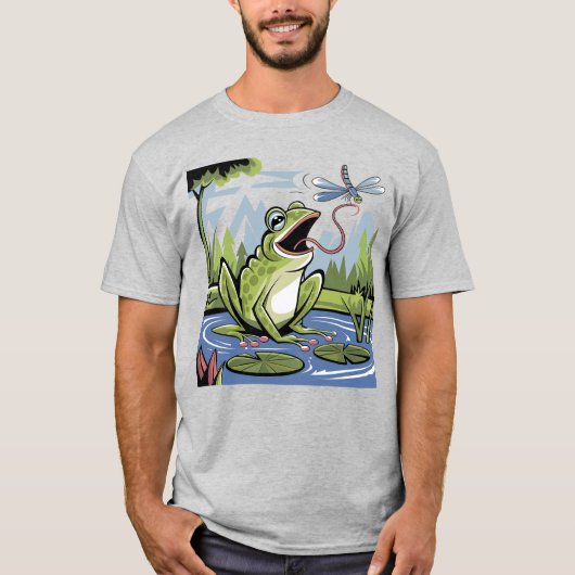 Funny Frog Catching Dragonfly Art T-Shirt (Vorderseite)