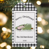 Funny Frohe Weihnachten! Cat vs Tree B & W Gingham Geschenkanhänger