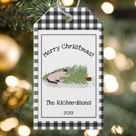 Funny Frohe Weihnachten! Cat vs Tree B & W Gingham Geschenkanhänger