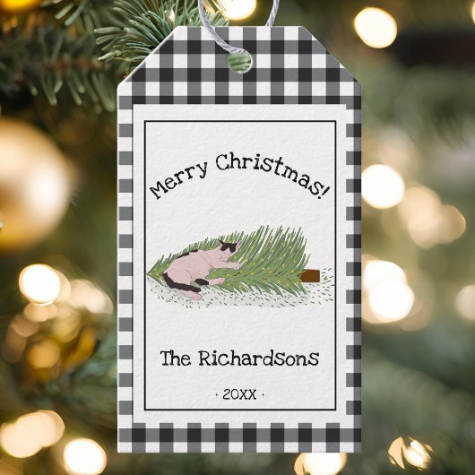 Funny Frohe Weihnachten! Cat vs Tree B & W Gingham Geschenkanhänger