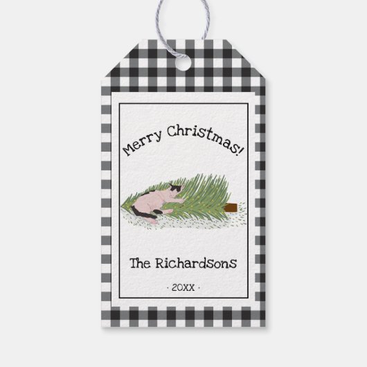 Funny Frohe Weihnachten! Cat vs Tree B & W Gingham Geschenkanhänger (Rückseite)