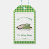 Funny Frohe Weihnachten! Cat vs Tree Green Gingham Geschenkanhänger (Vorderseite)