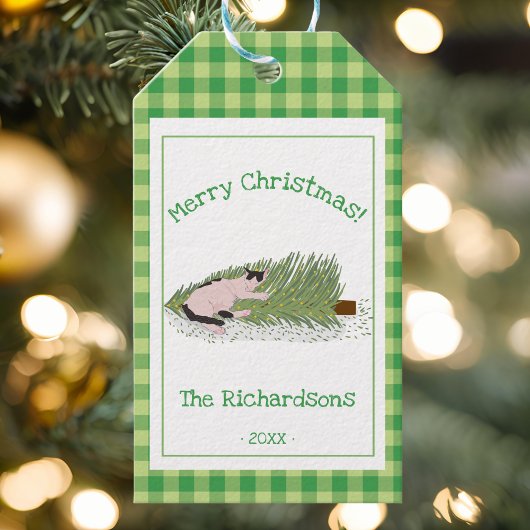 Funny Frohe Weihnachten! Cat vs Tree Green Gingham Geschenkanhänger