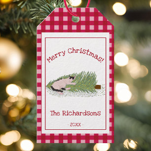 Funny Frohe Weihnachten! Cat vs Tree Red Gingham Geschenkanhänger