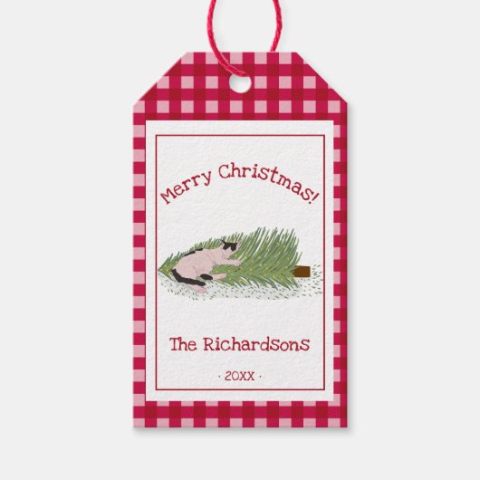 Funny Frohe Weihnachten! Cat vs Tree Red Gingham Geschenkanhänger (Vorderseite)