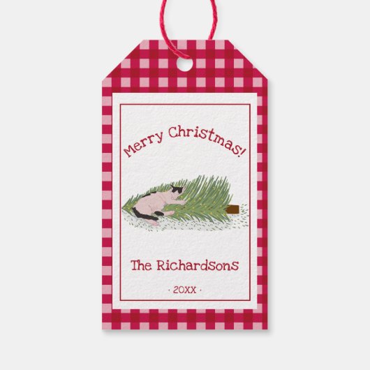 Funny Frohe Weihnachten! Cat vs Tree Red Gingham Geschenkanhänger (Rückseite)